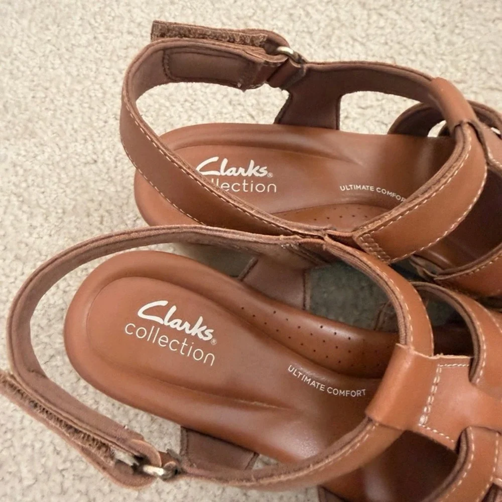 Clarks Collection Women x Jane Leather Tan Brown Strappy Wedge Sandals 9.5 M